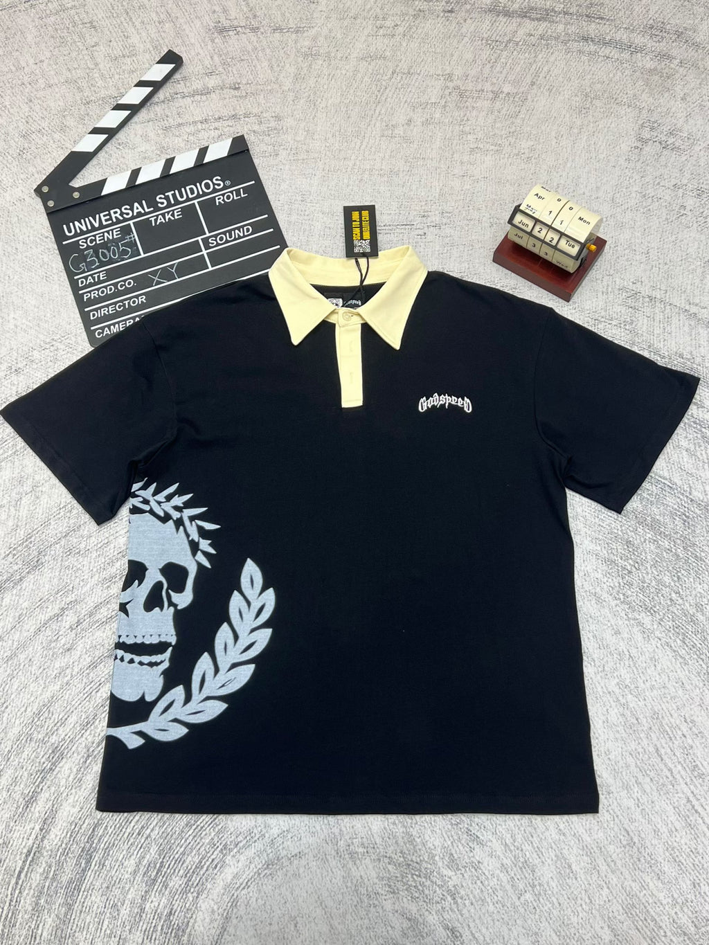 Godspeed Skull‑Laurel Contrast Collar Polo Shirt
