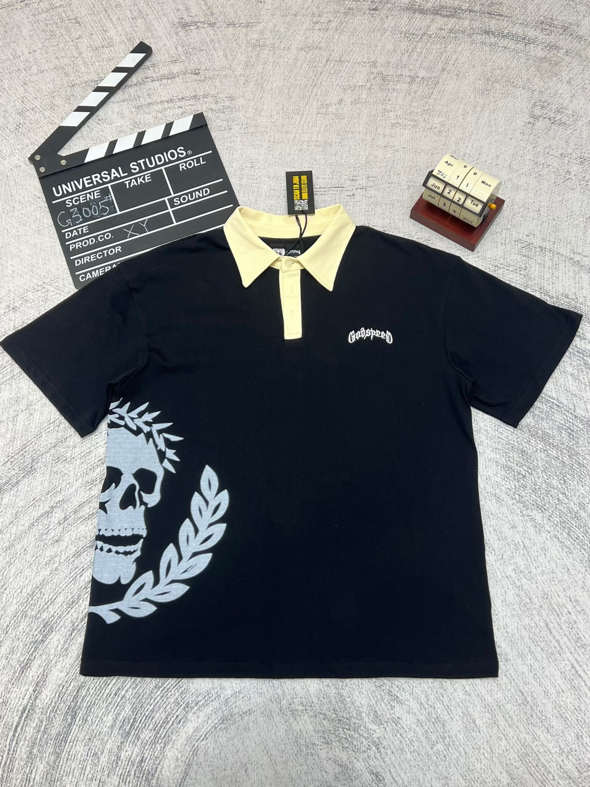 Godspeed Skull‑Laurel Contrast Collar Polo Shirt