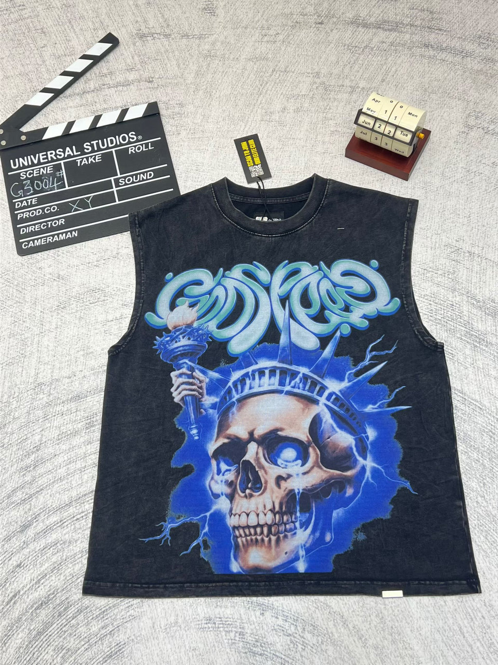 Godspeed Skull‑Liberty Torch Black Washed Tank Top