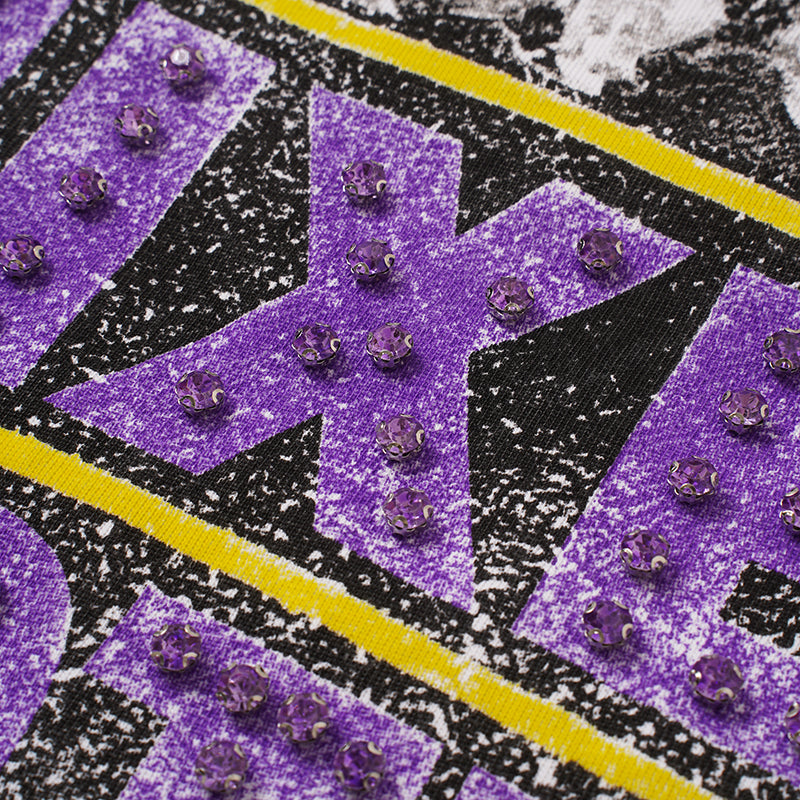 MIXED EMOTION Purple Rhinestone Cross White T‑Shirt