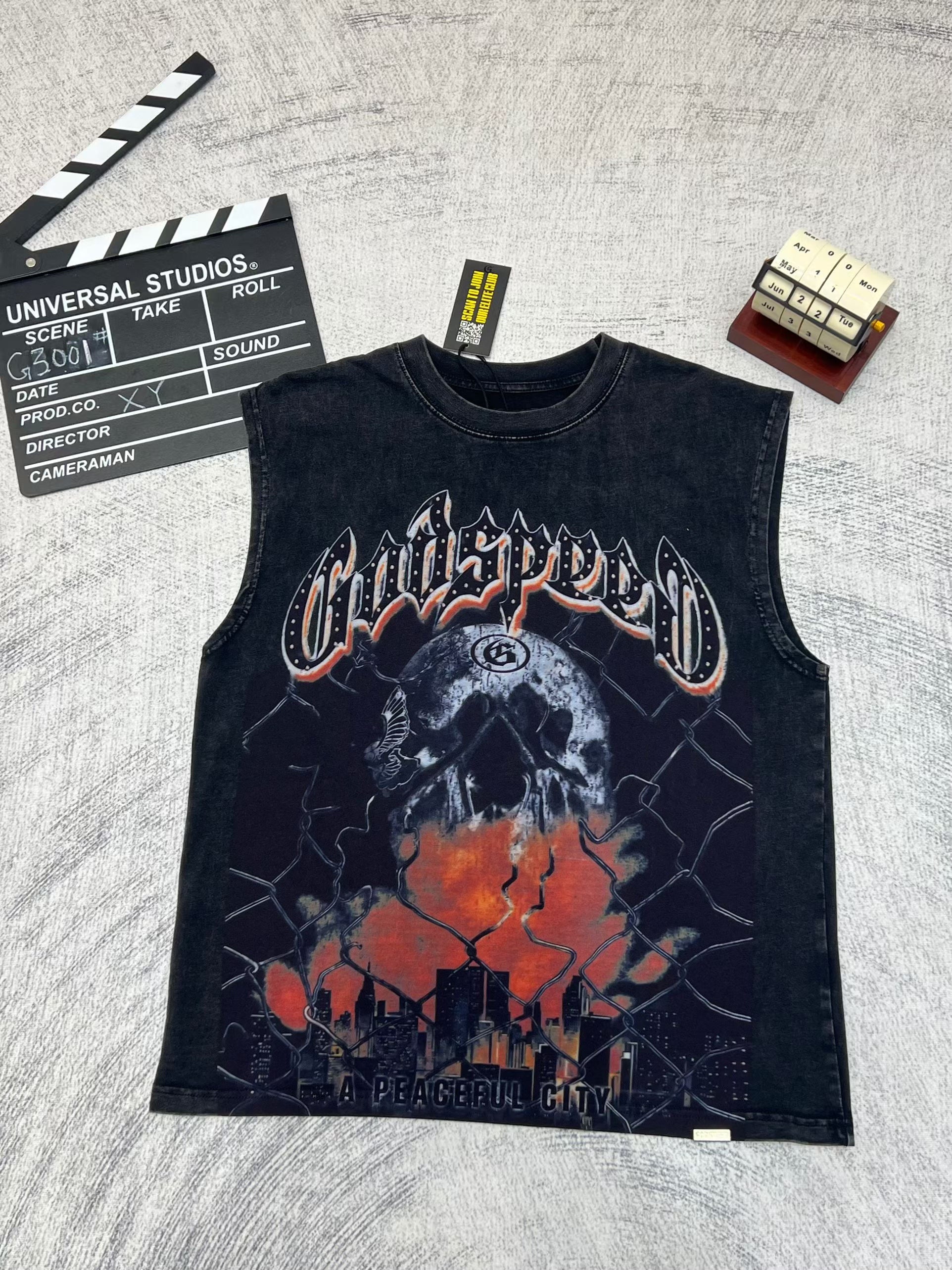 Godspeed Skull Graphic Black Washed Tank Top