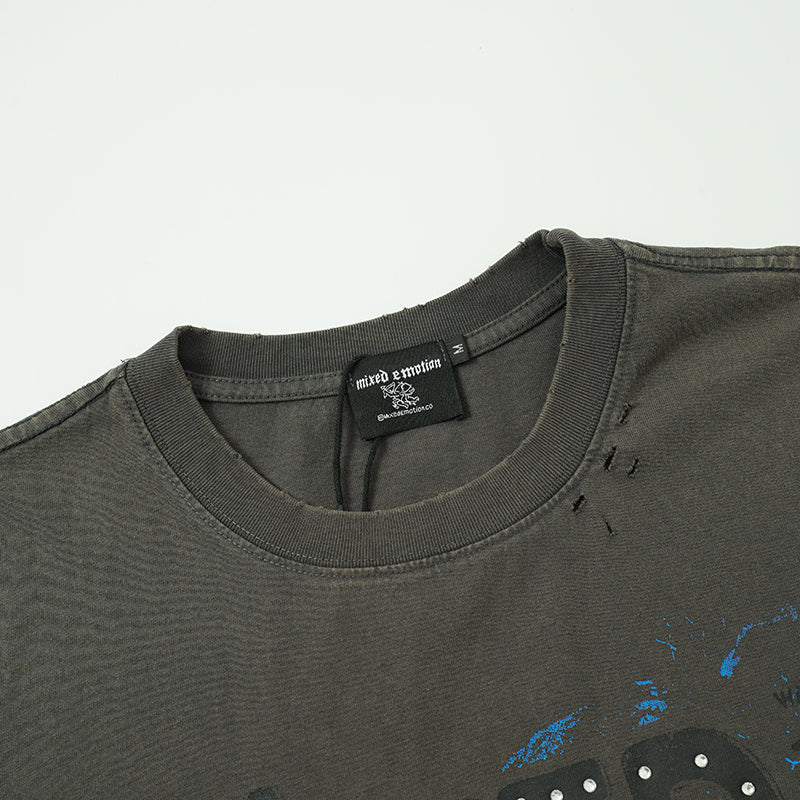 MIXED EMOTION Rhinestone Skull Graphic Black‑Grey T‑Shirt