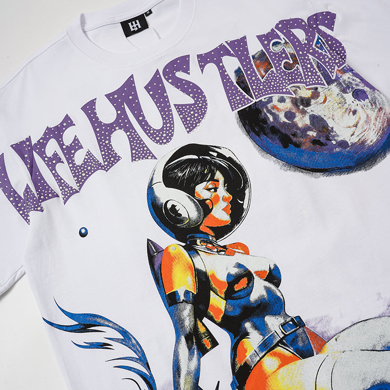 Life Hustlers Astronaut Space‑Print White T‑Shirt