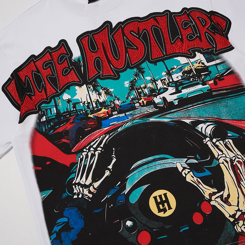 Life Hustlers Skeleton Car Graphic Two‑Tone T‑Shirt