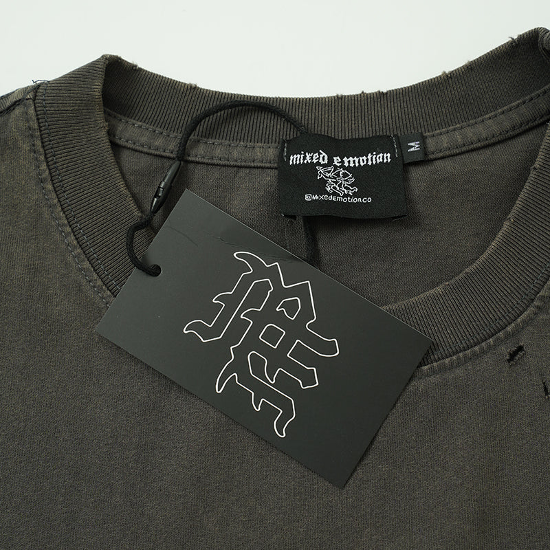 MIXED EMOTION Rhinestone Skull Graphic Black‑Grey T‑Shirt