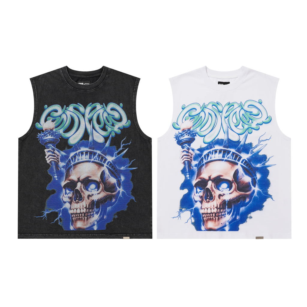 Godspeed Blue‑Flame Skull Print 2‑Color Tank Top