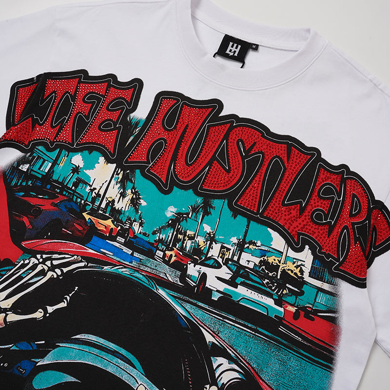 Life Hustlers Skeleton Car Graphic Two‑Tone T‑Shirt