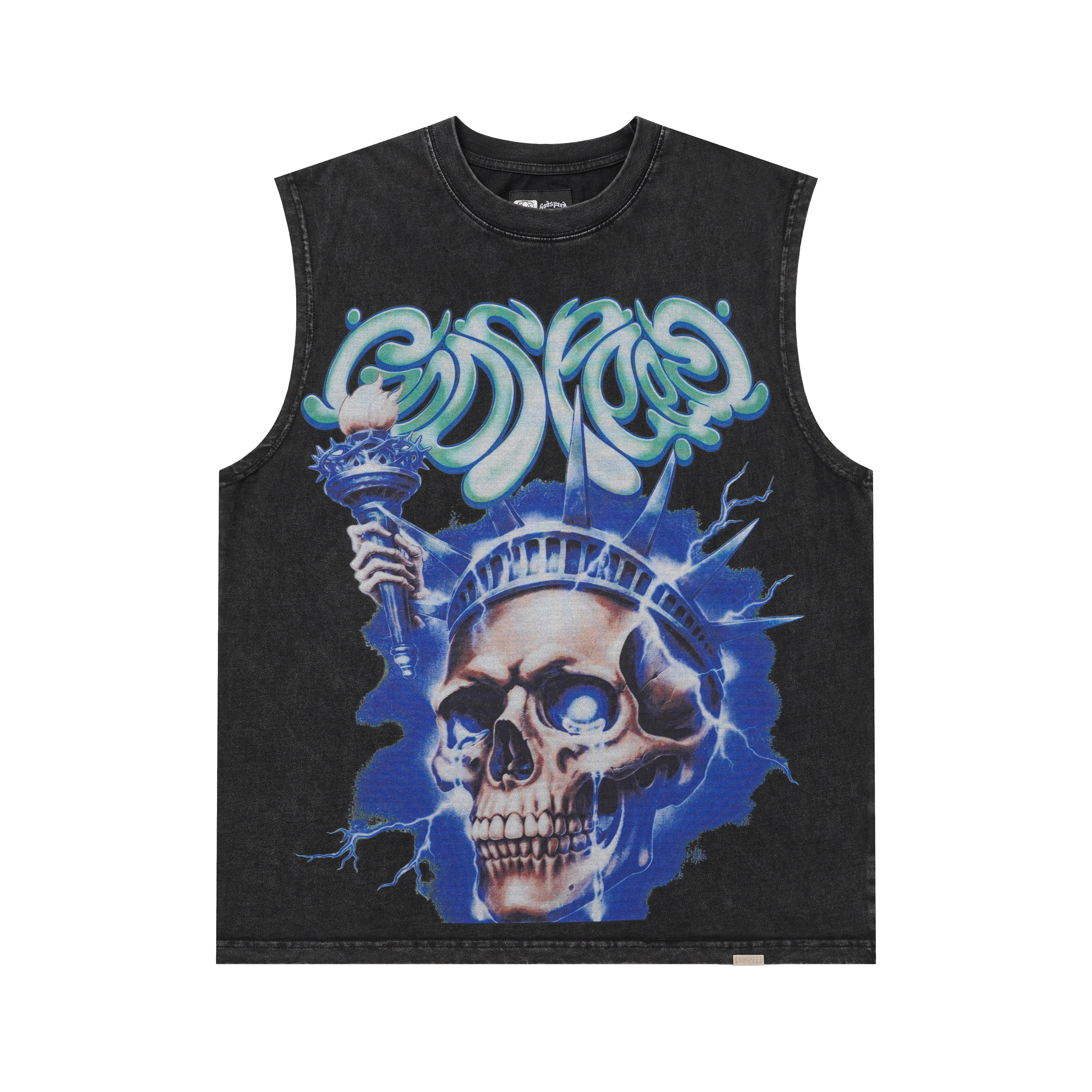 Godspeed Skull‑Liberty Torch Black Washed Tank Top