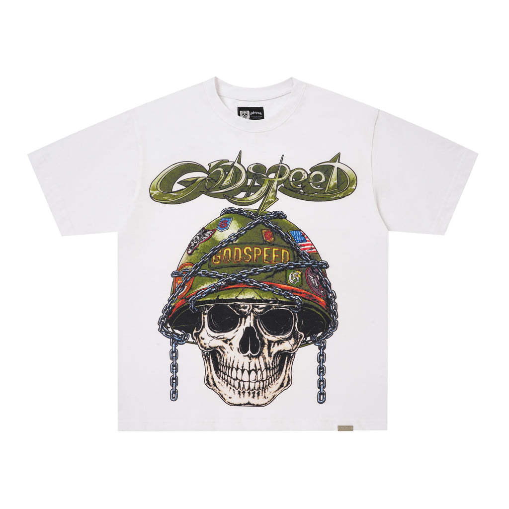 Godspeed Skull Helmet Graphic White T‑Shirt