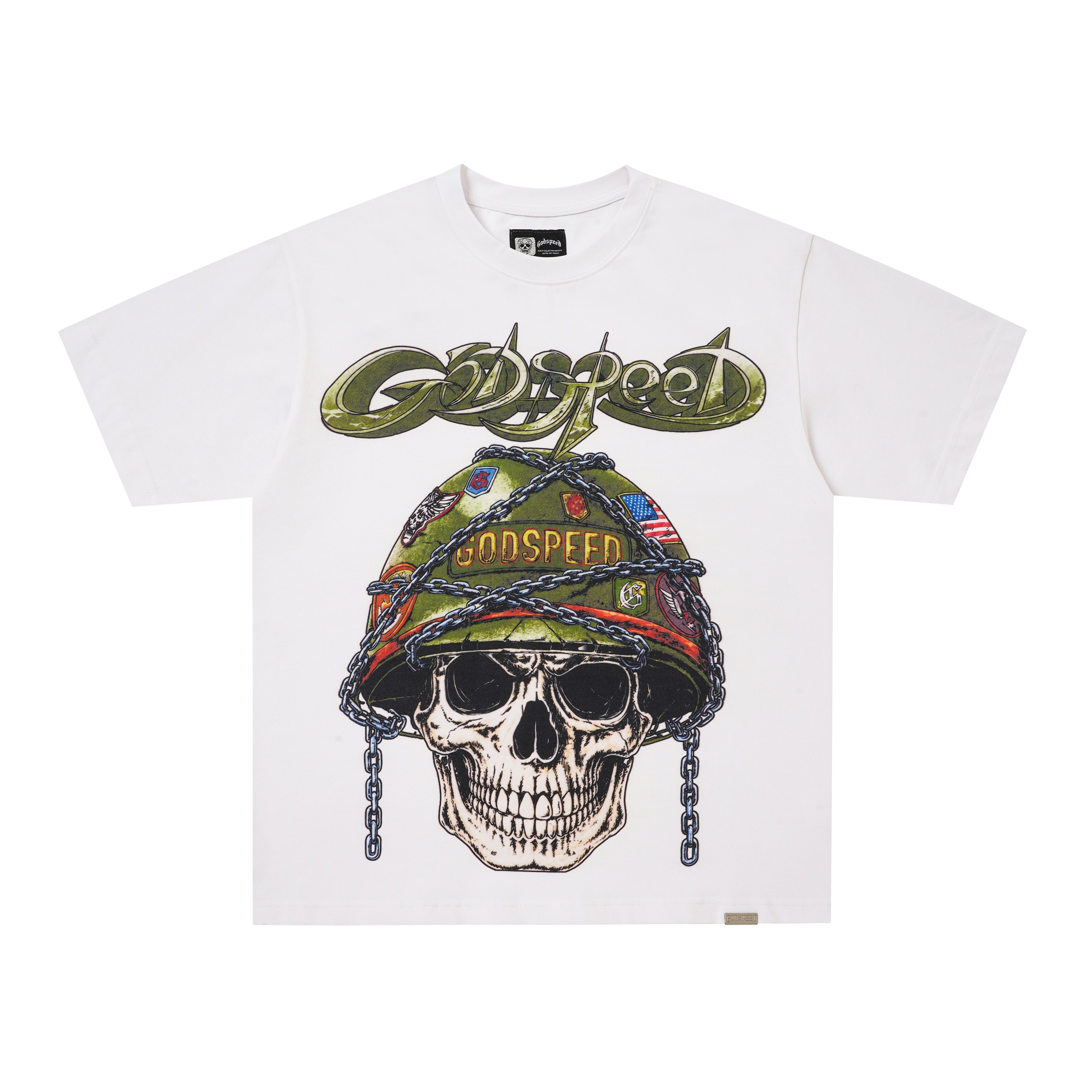 Godspeed Skull Helmet Graphic White T‑Shirt
