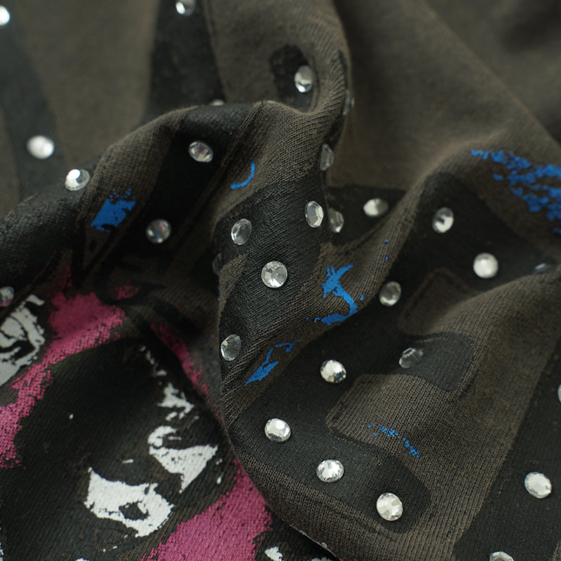 MIXED EMOTION Rhinestone Skull Graphic Black‑Grey T‑Shirt