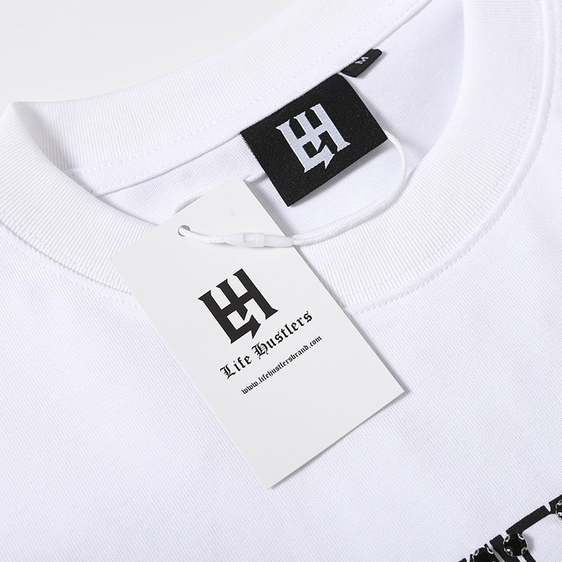 Life Hustlers White Distressed H‑Logo T‑Shirt