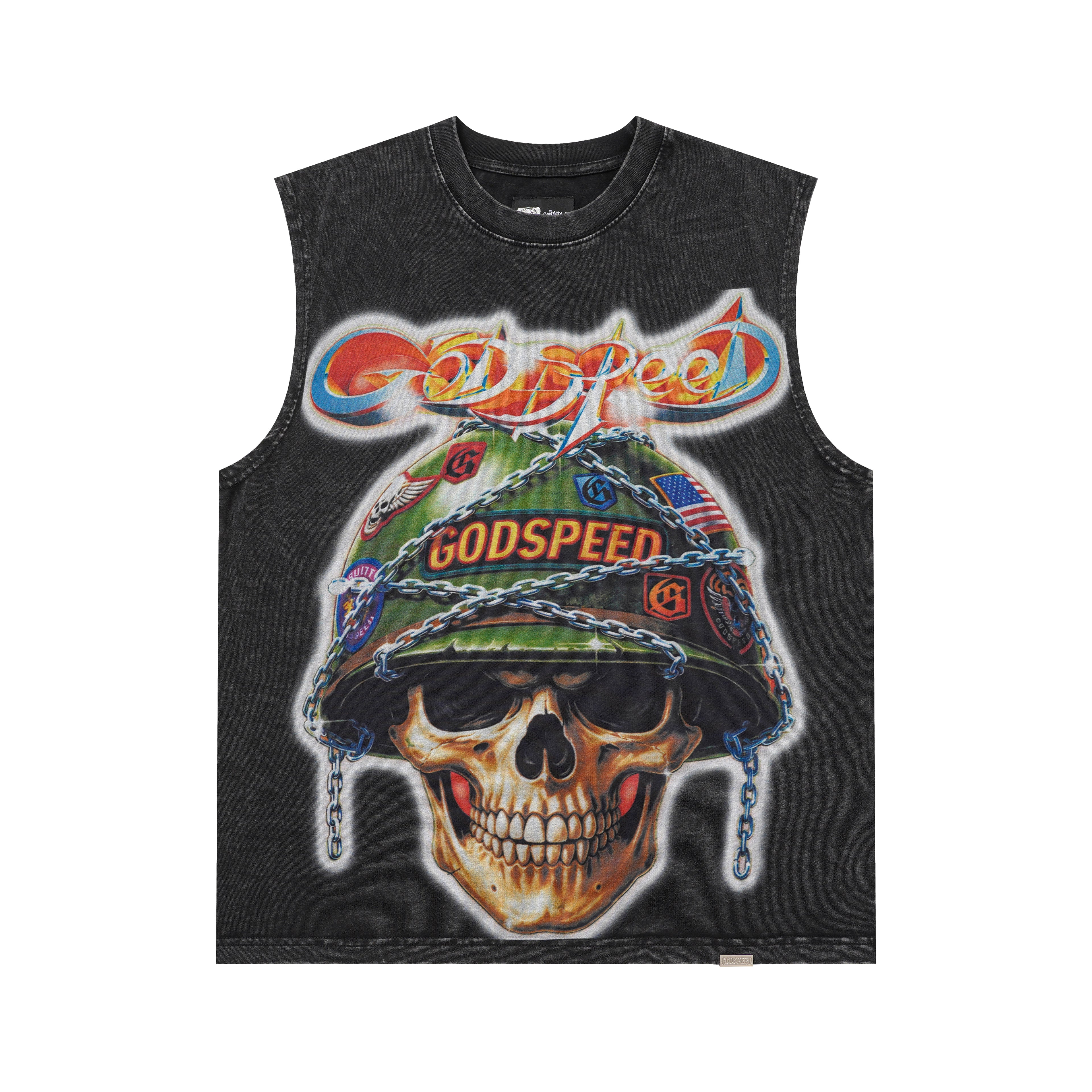 Godspeed Helmet‑Skull Print Black Washed Tank Top