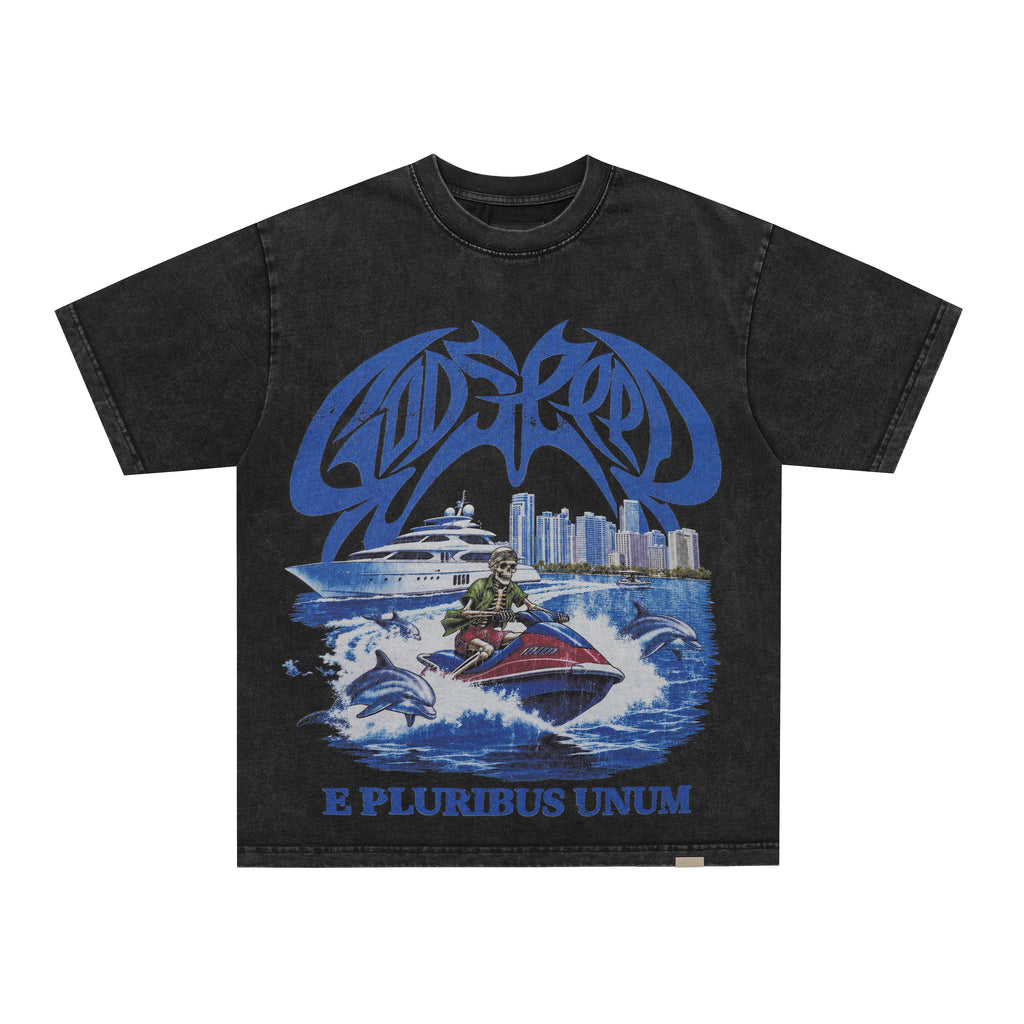 Godspeed Blue Landscape Graphic Black T‑Shirt