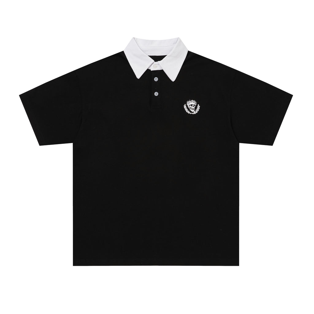 Godspeed Skull‑Laurel Two‑Tone Contrast Collar Polo Shirt