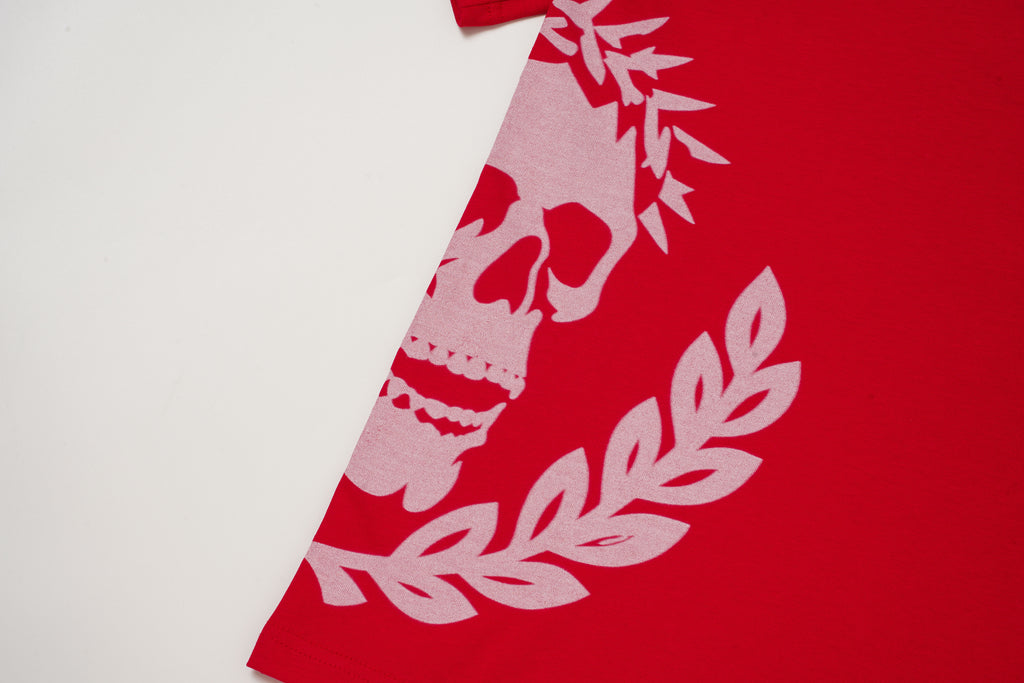Godspeed Skull‑Laurel Red Contrast‑Collar Polo Shirt