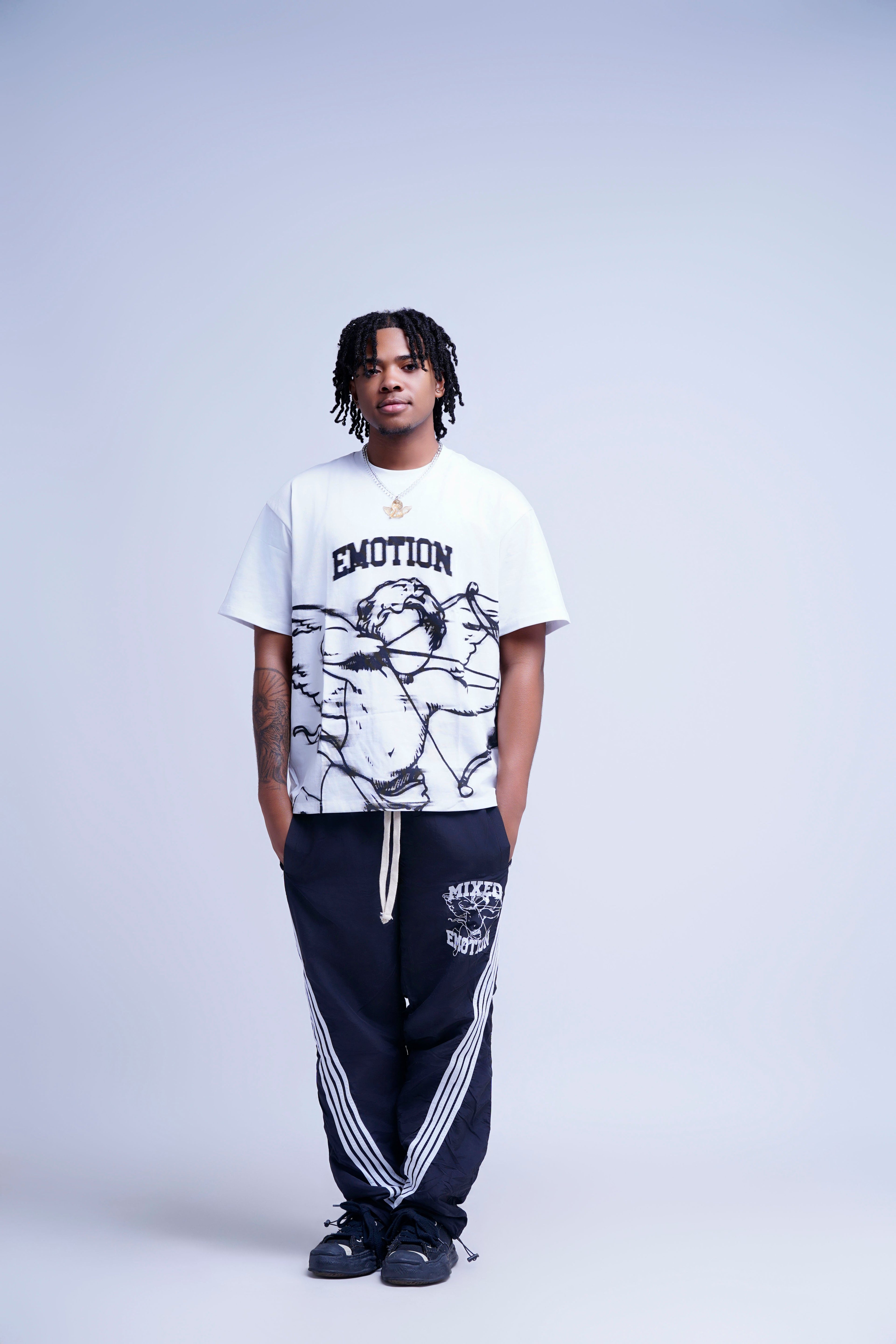 MIXED EMOTION Side‑Stripe Graphic Track Pants