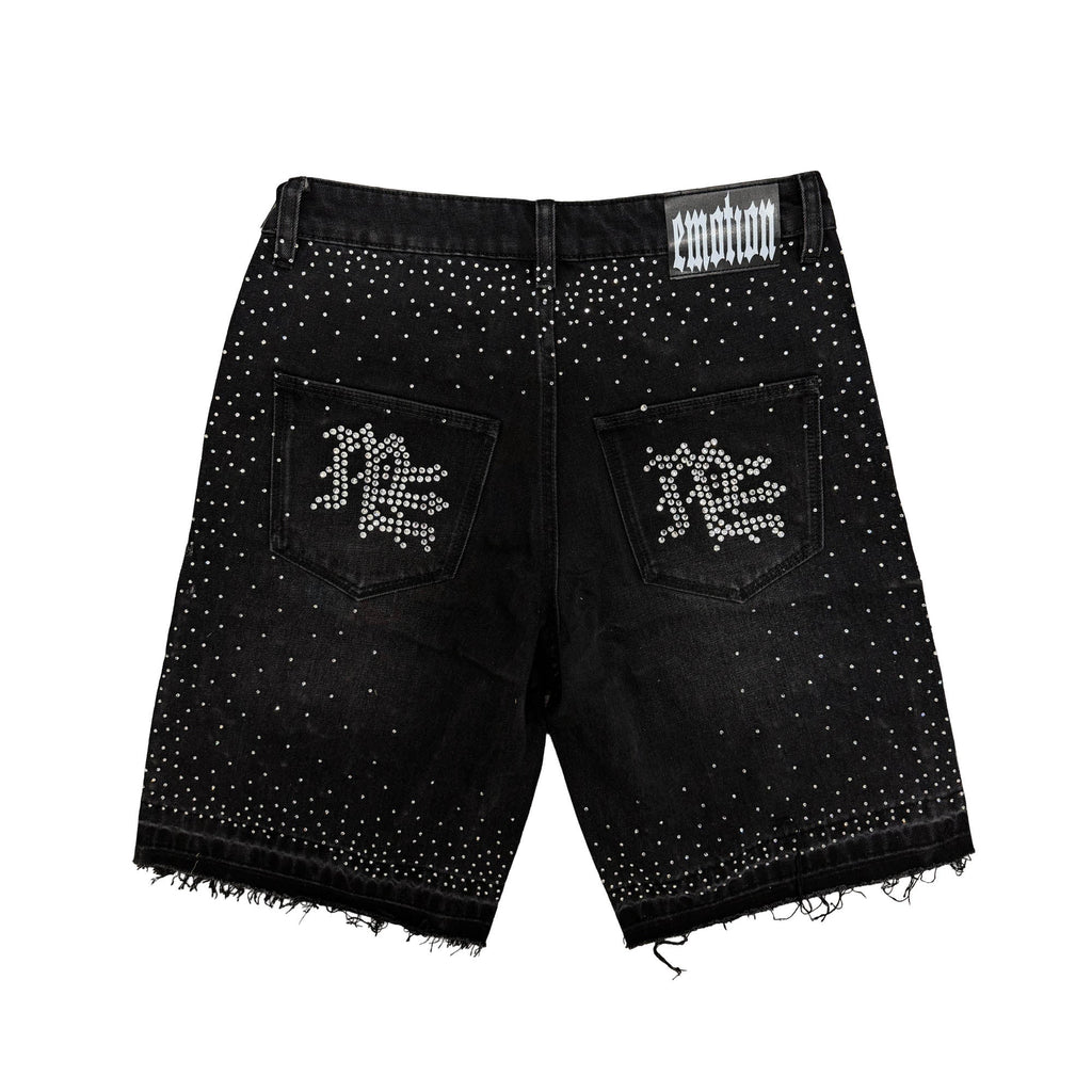 MIXED EMOTION Rhinestone Distressed Black Denim Shorts