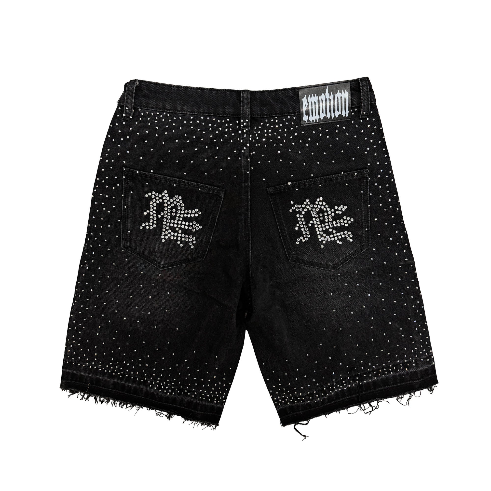 MIXED EMOTION Rhinestone Distressed Black Denim Shorts