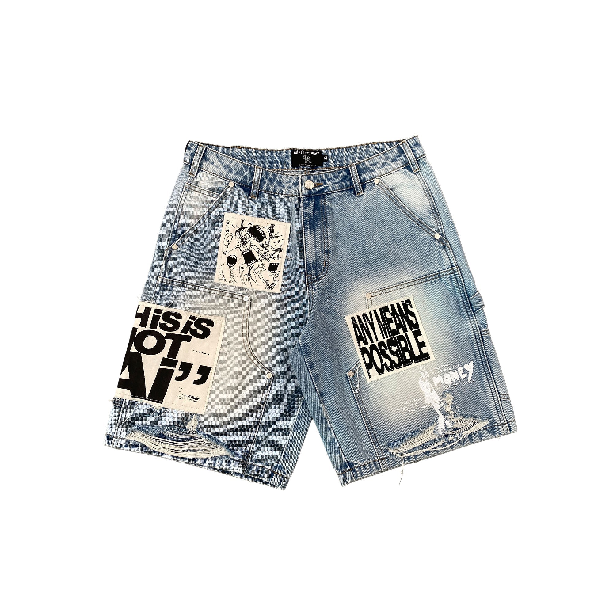 MIXED EMOTION Patchwork Distressed Denim Shorts