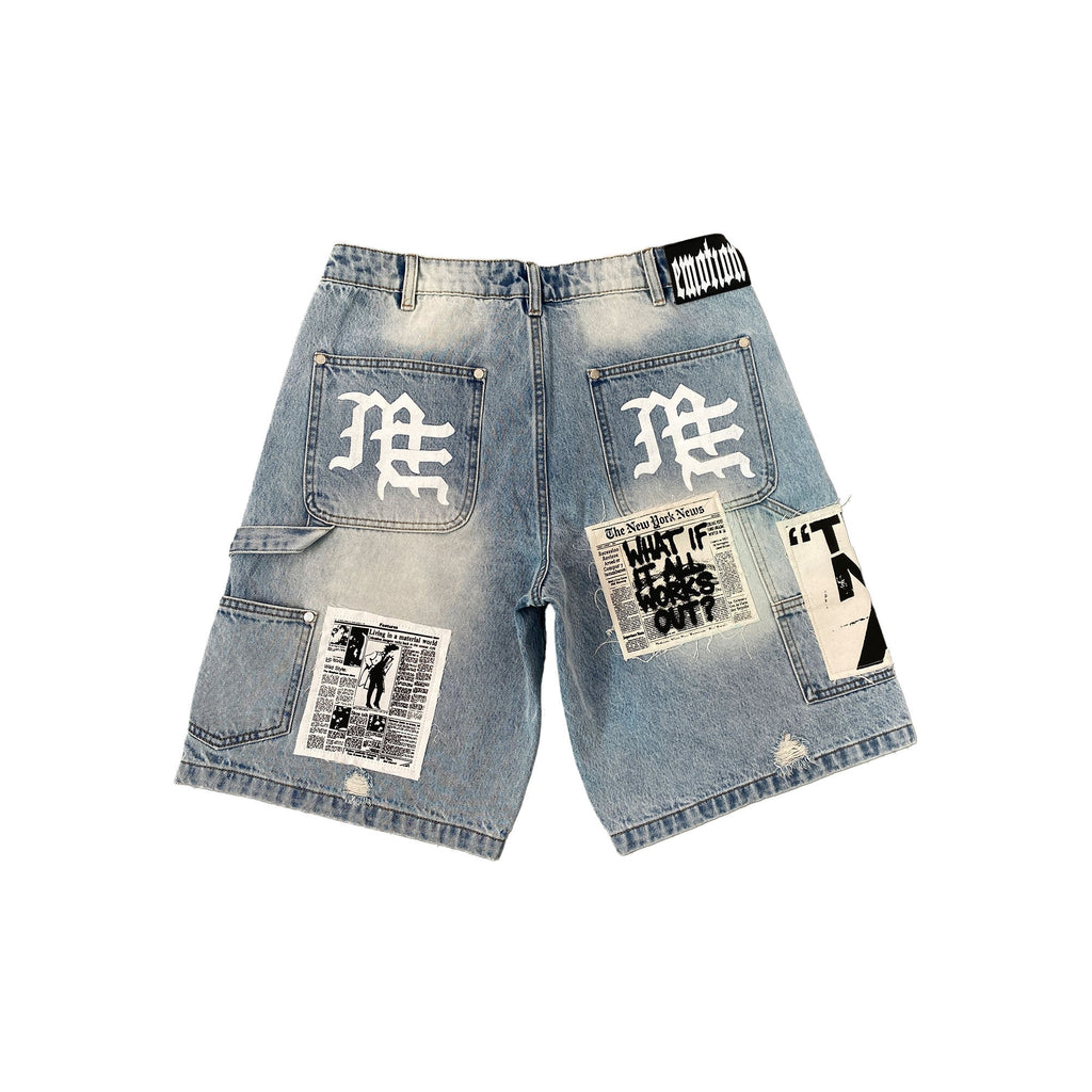 MIXED EMOTION Patchwork Distressed Denim Shorts