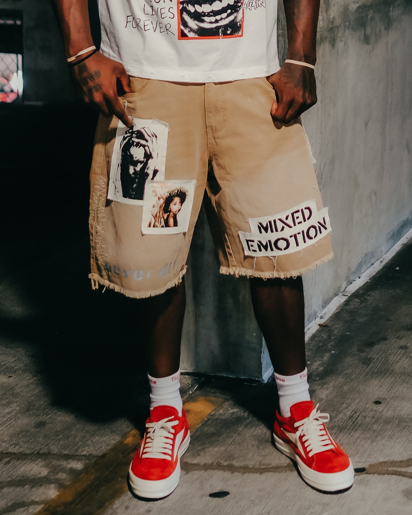 MIXED EMOTION Photo Patch Brown Distressed Denim Shorts
