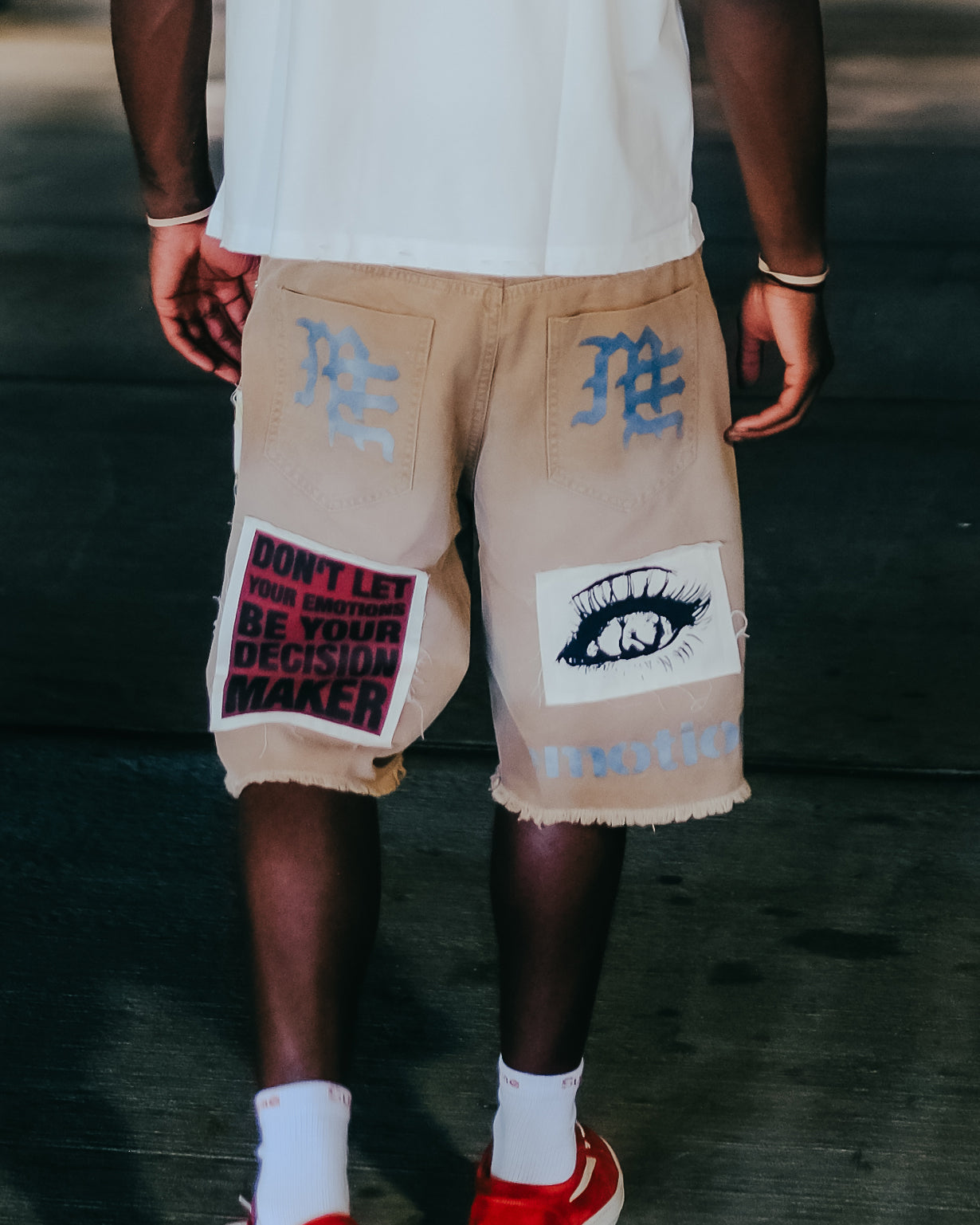 MIXED EMOTION Photo Patch Brown Distressed Denim Shorts
