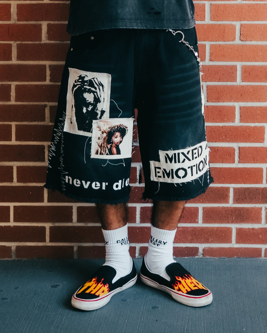 MIXED EMOTION Photo Patch Distressed Black Denim Shorts