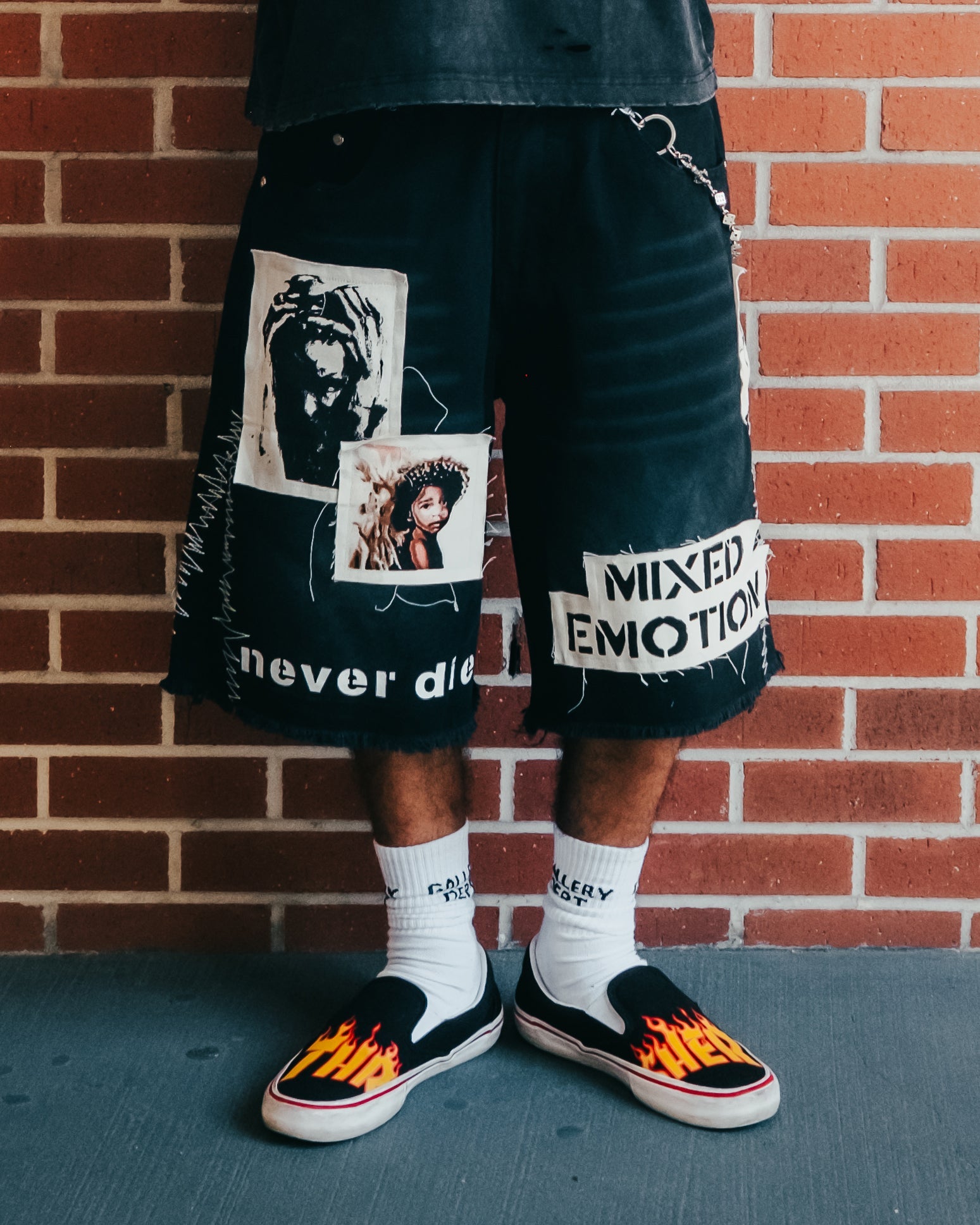 MIXED EMOTION Photo Patch Distressed Black Denim Shorts