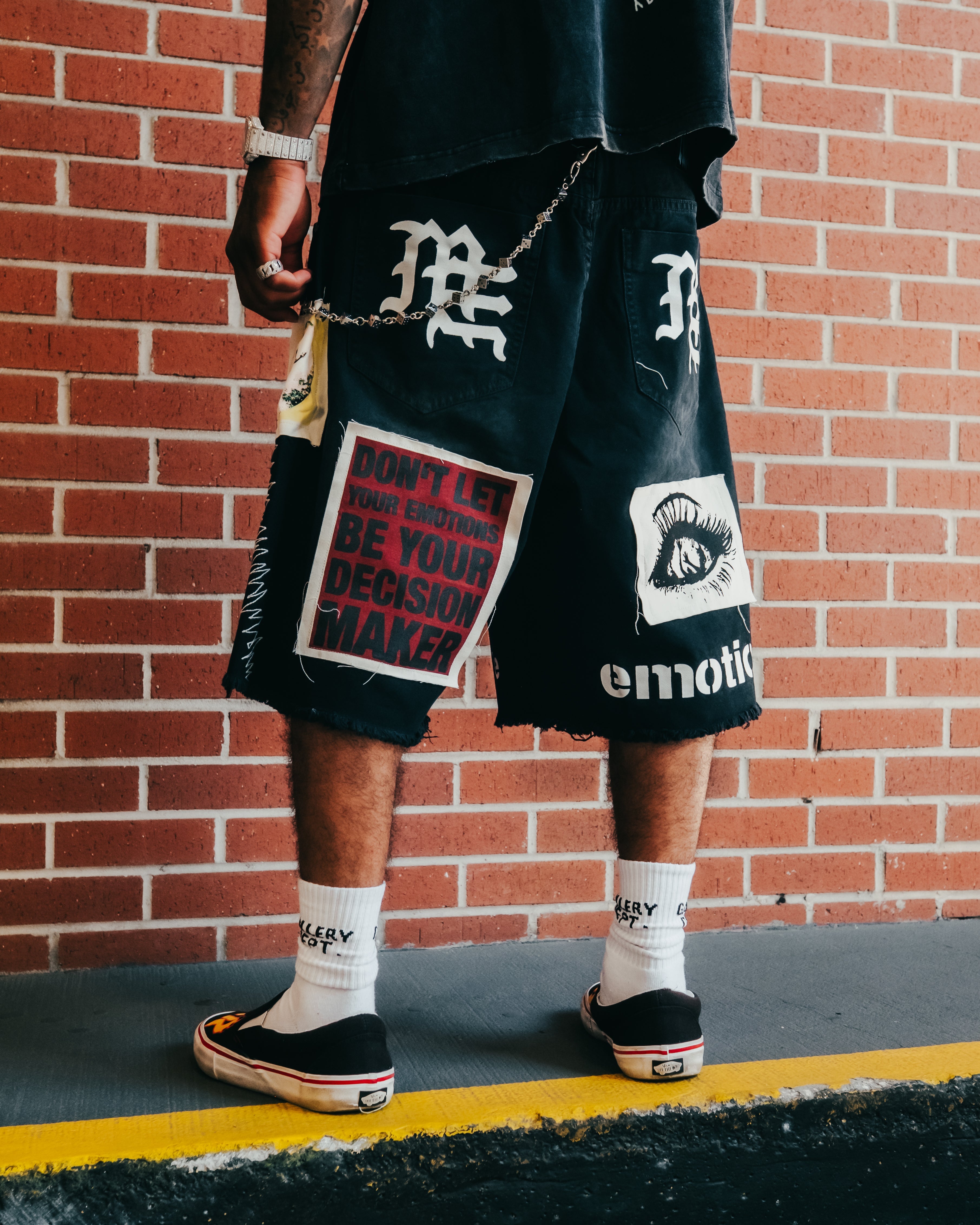 MIXED EMOTION Photo Patch Distressed Black Denim Shorts