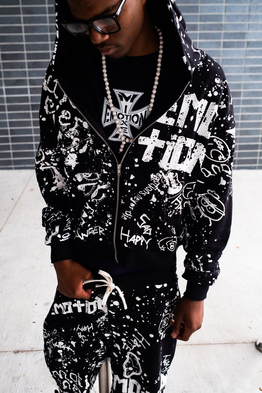 MIXED EMOTION All‑Over Graffiti Print Zip‑Up Hoodie