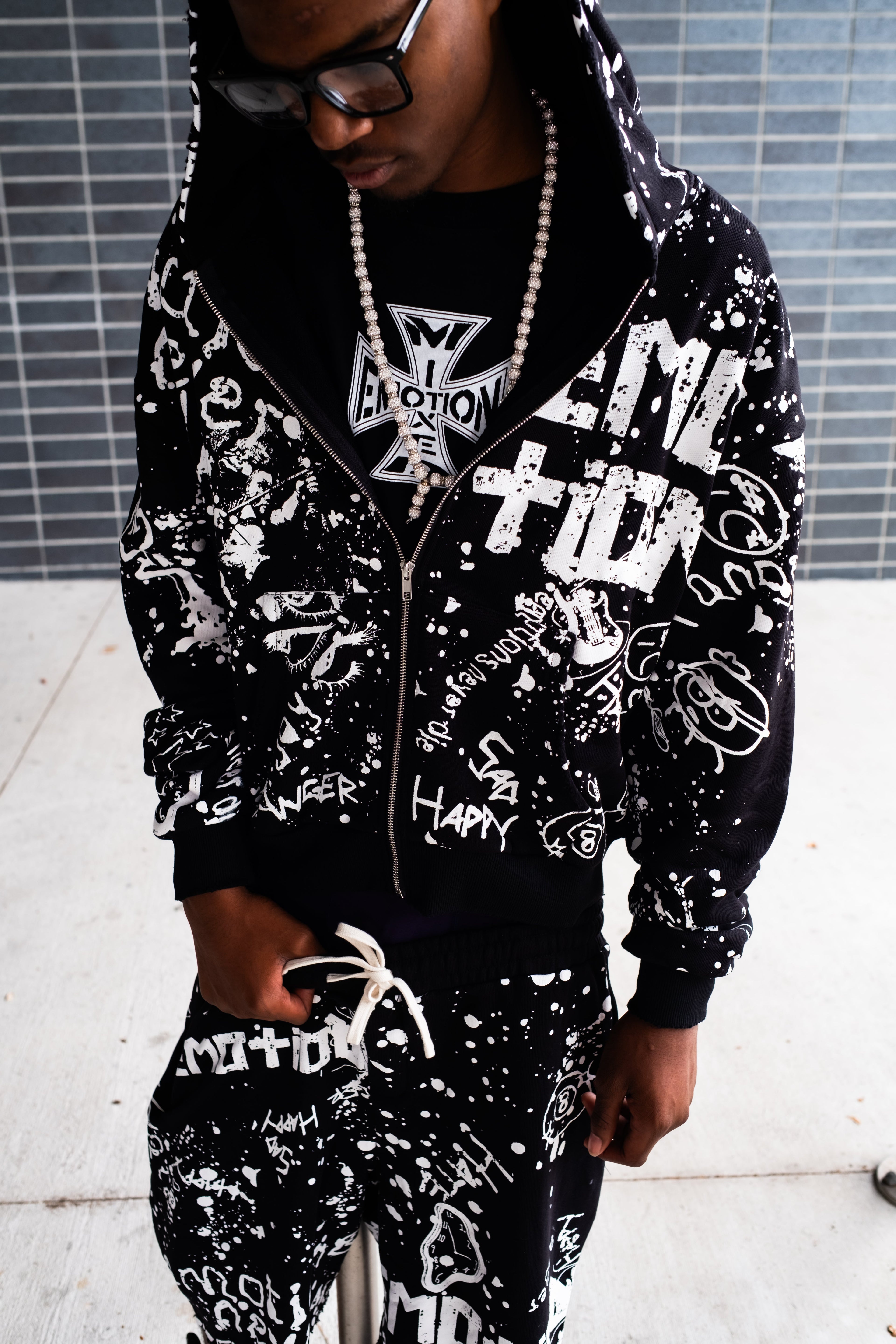 MIXED EMOTION All‑Over Graffiti Print Zip‑Up Hoodie