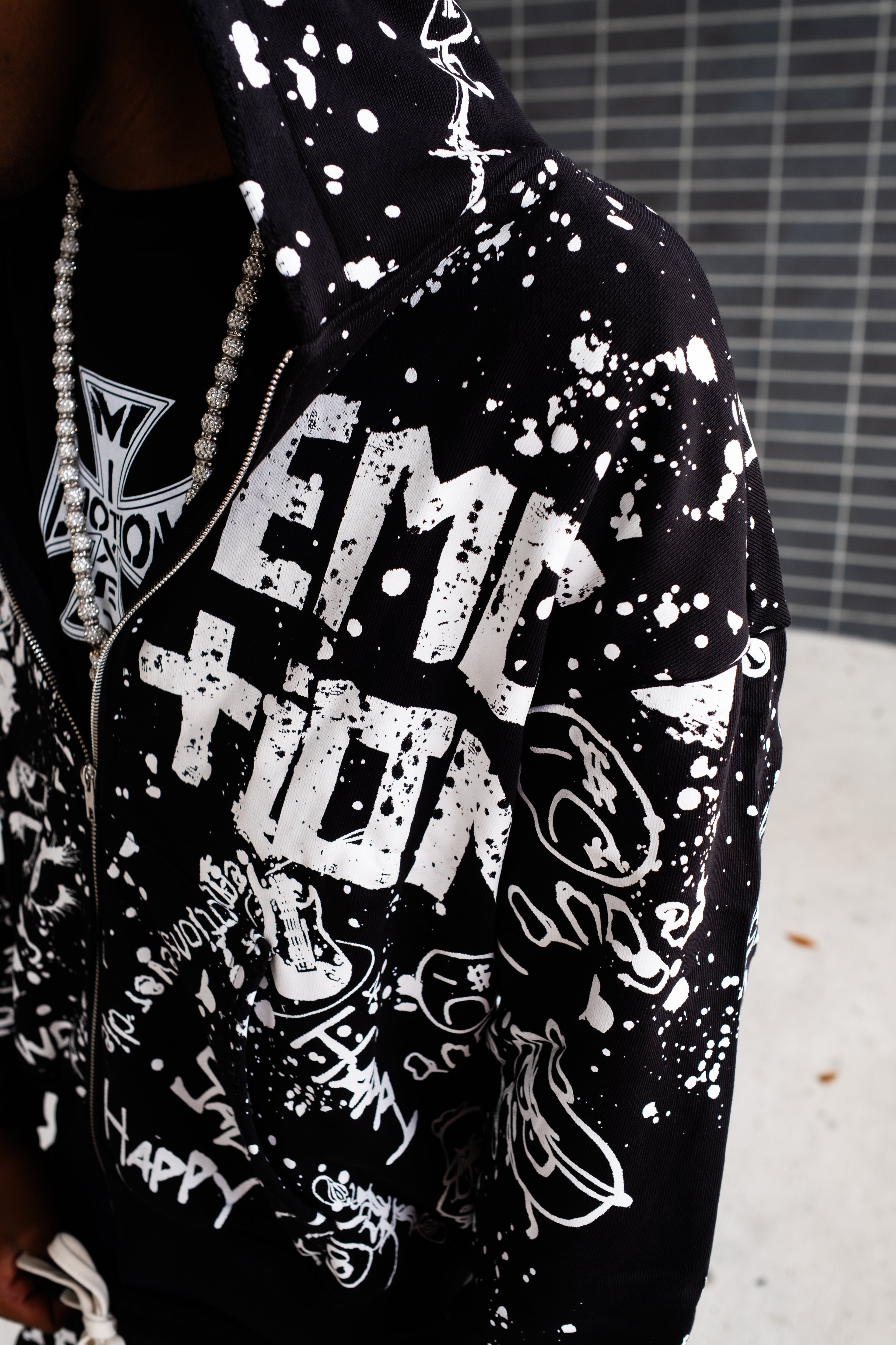 MIXED EMOTION All‑Over Graffiti Print Zip‑Up Hoodie