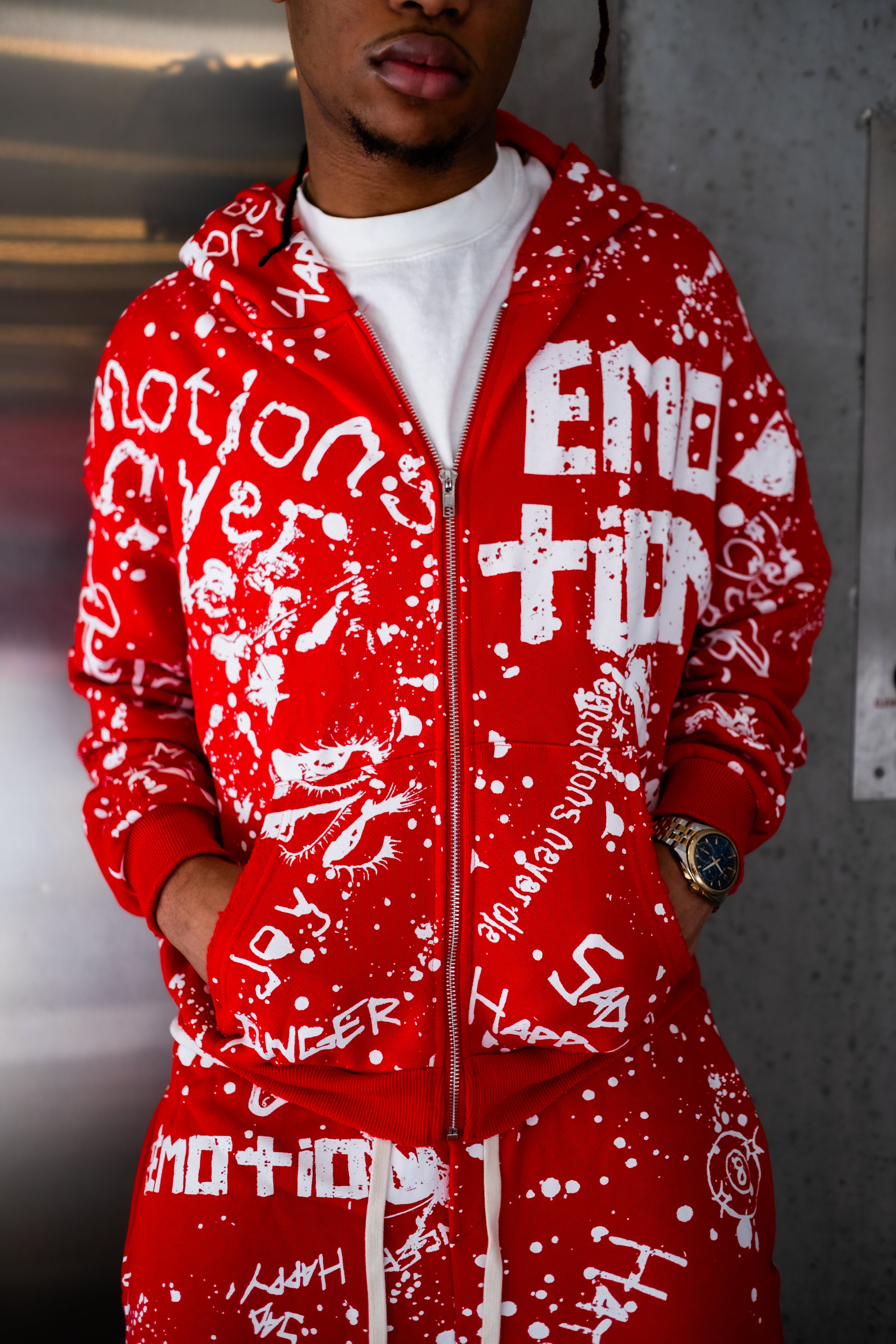 MIXED EMOTION Graffiti Print Zip‑Up Hoodie