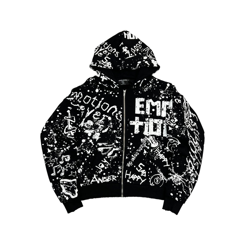 MIXED EMOTION All‑Over Graffiti Print Zip‑Up Hoodie