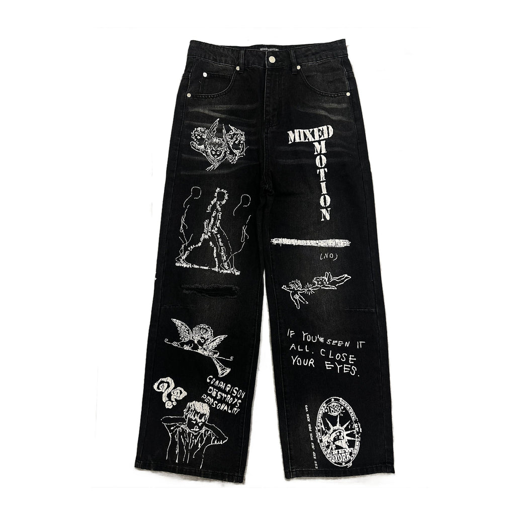 MIXED EMOTION Graphic Print Baggy Jeans