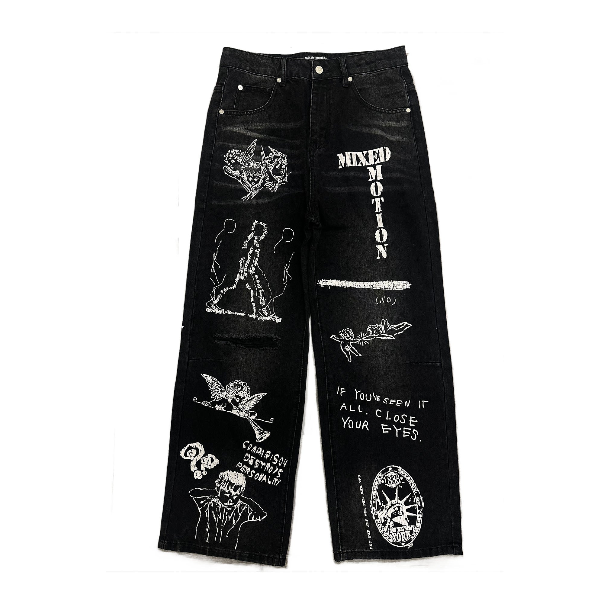 MIXED EMOTION Graphic Print Baggy Jeans