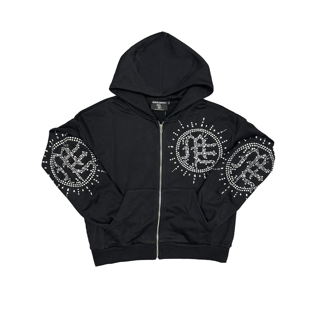 MIXED EMOTION Rhinestone Circle Logo Zip‑Up Hoodie