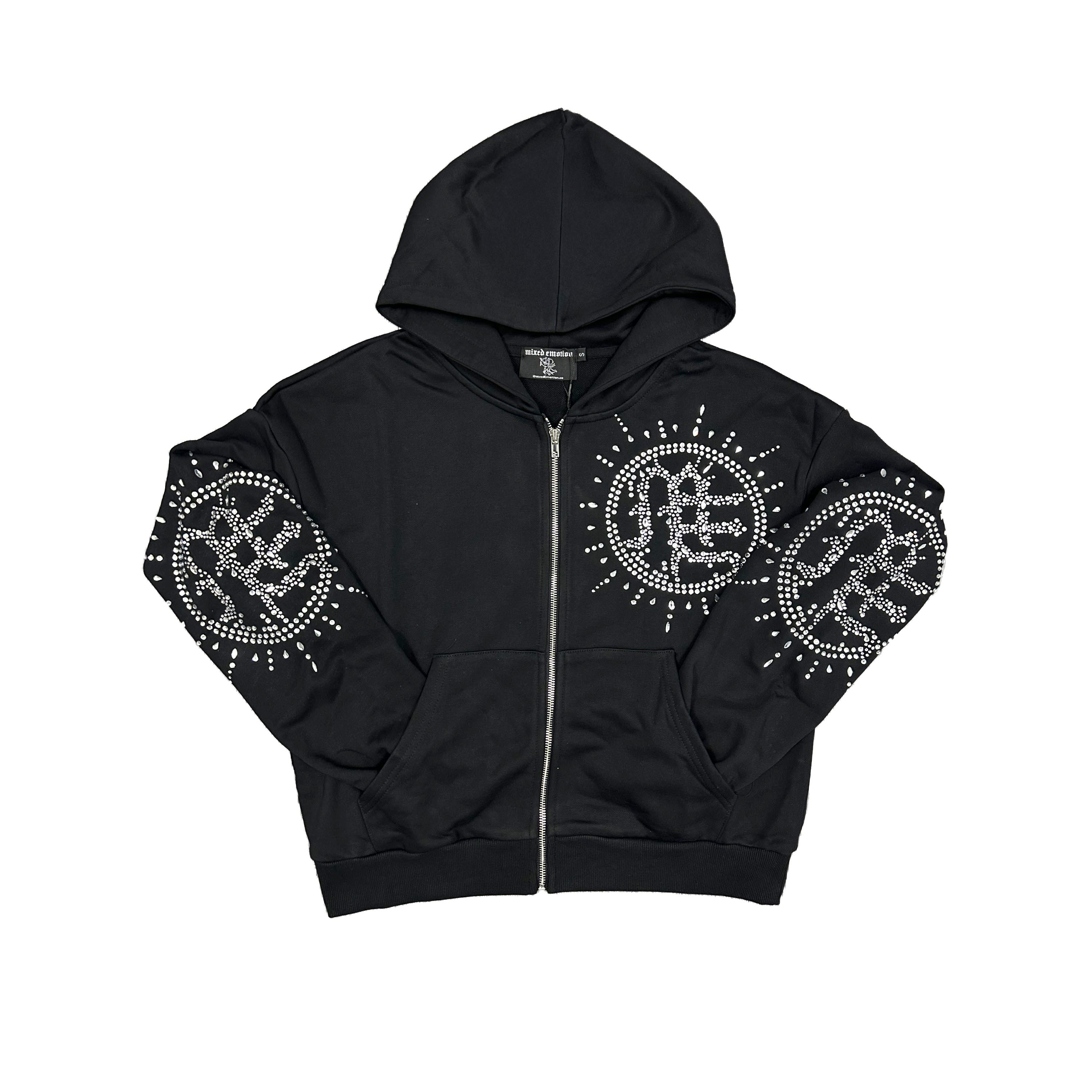 MIXED EMOTION Rhinestone Circle Logo Zip‑Up Hoodie