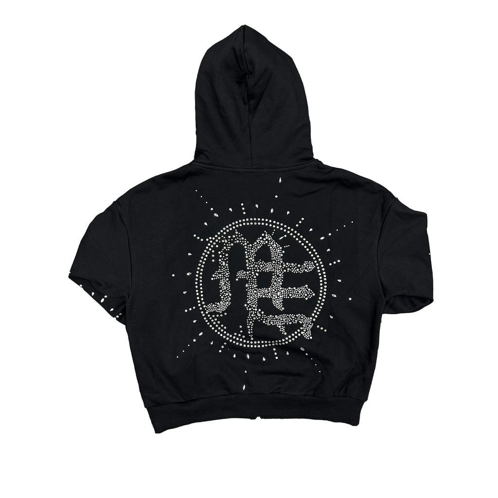 MIXED EMOTION Rhinestone Circle Logo Zip‑Up Hoodie