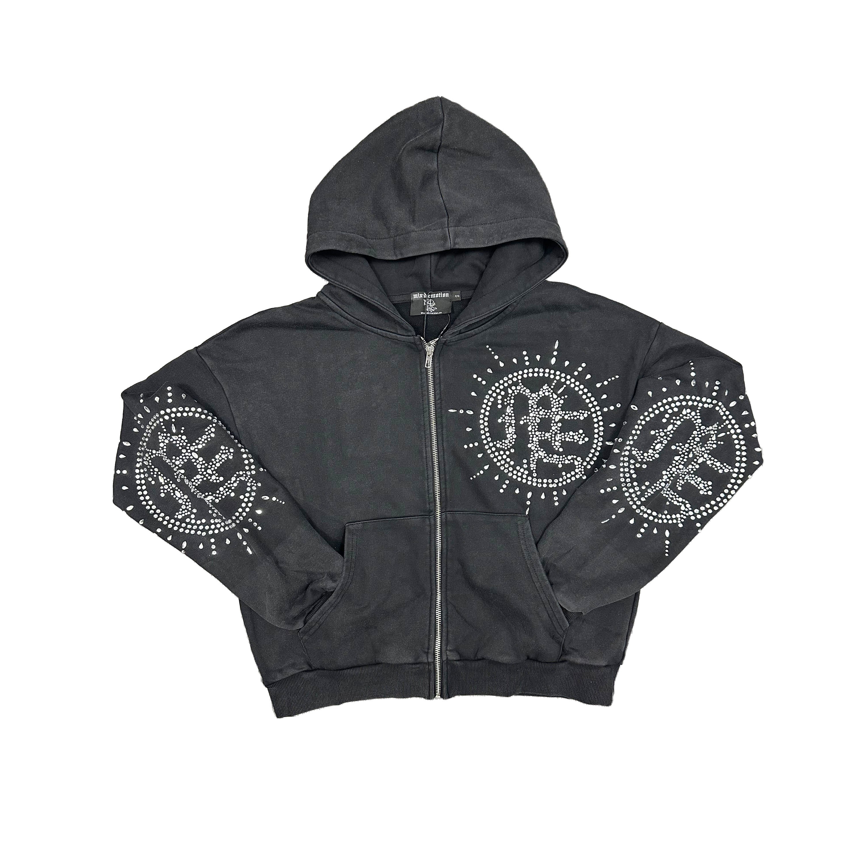 MIXED EMOTION Rhinestone Symbol Zip‑Up Hoodie