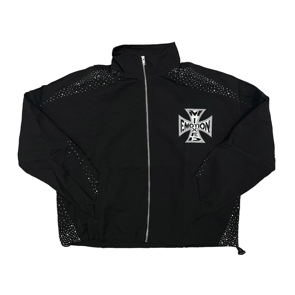 MIXED EMOTION Rhinestone Cross Zip‑Up Windbreaker Jacket
