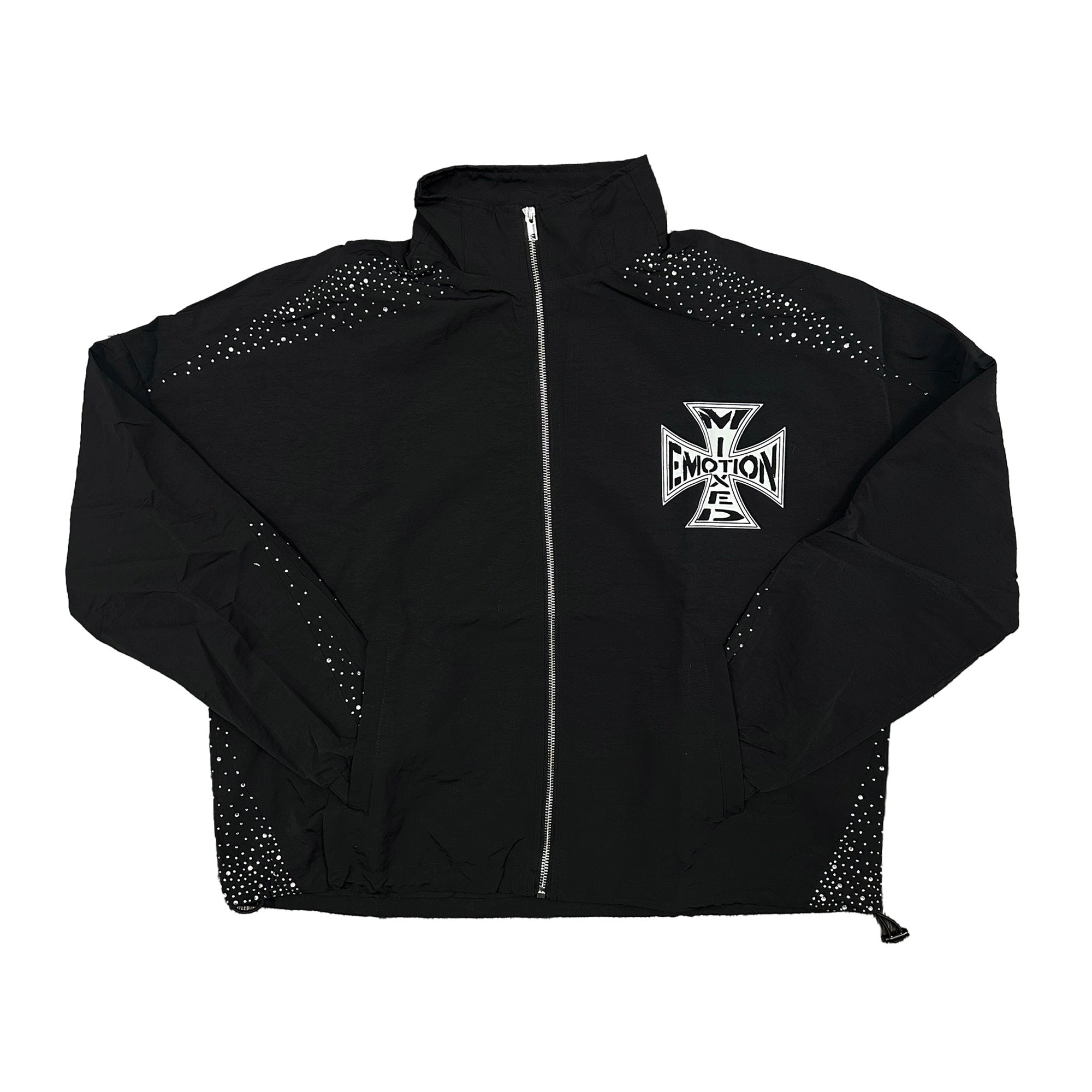 MIXED EMOTION Rhinestone Cross Zip‑Up Windbreaker Jacket