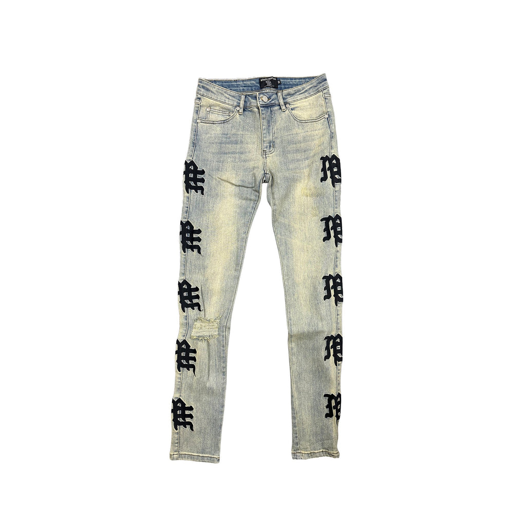 MIXED EMOTION Gothic Letter Distressed Skinny Jeans