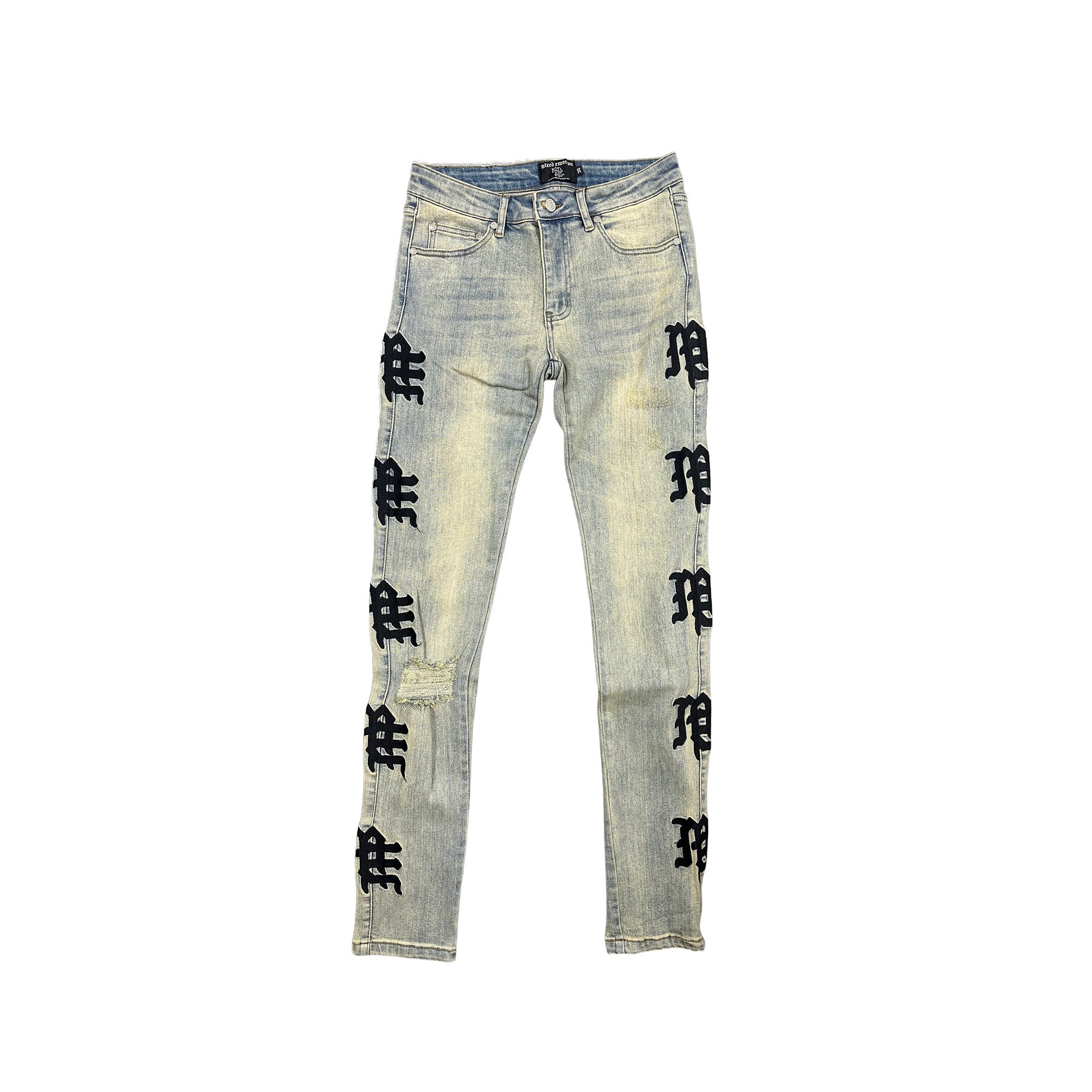MIXED EMOTION Gothic Letter Distressed Skinny Jeans