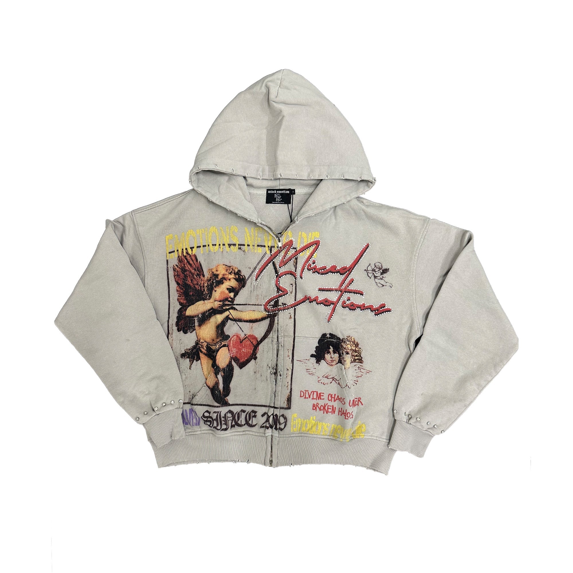 MIXED EMOTION Vintage Angel Graphic Zip‑Up Hoodie