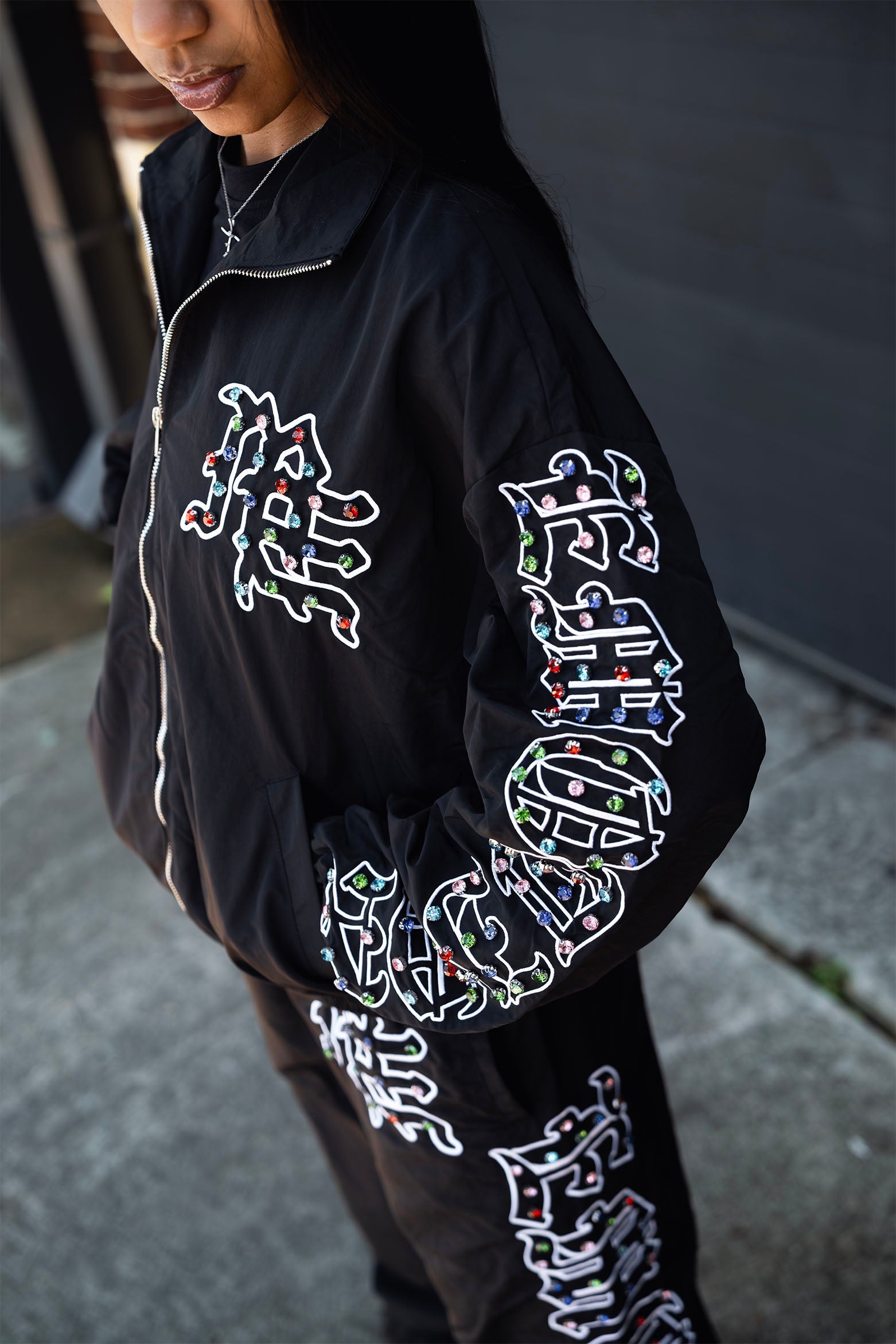 MIXED EMOTION Rhinestone Zip‑Up Jacket