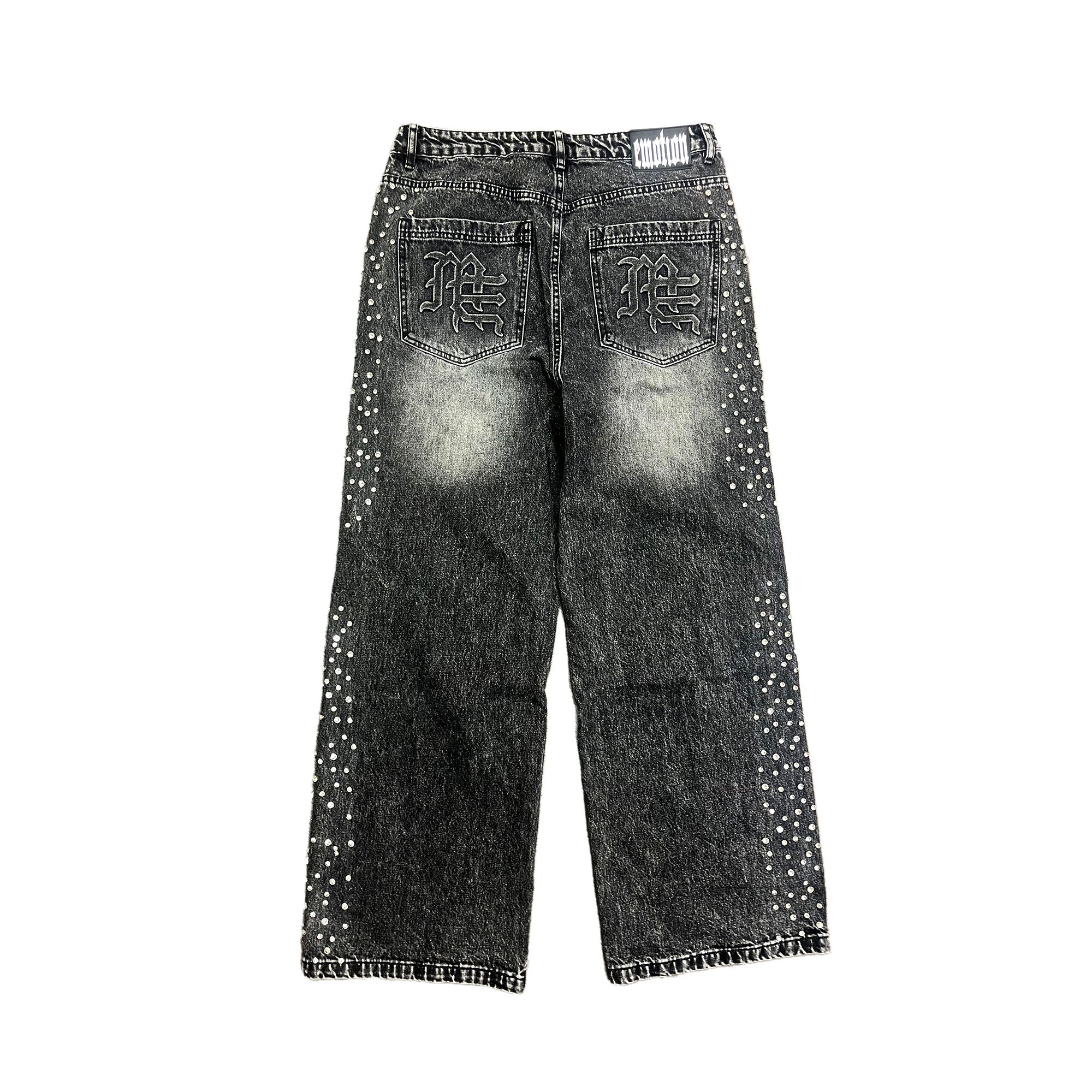 MIXED EMOTION Distressed Rhinestone Wide‑Leg Jeans