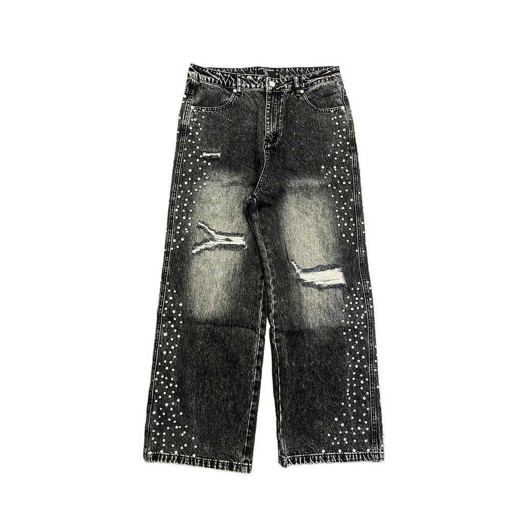 MIXED EMOTION Distressed Rhinestone Wide‑Leg Jeans