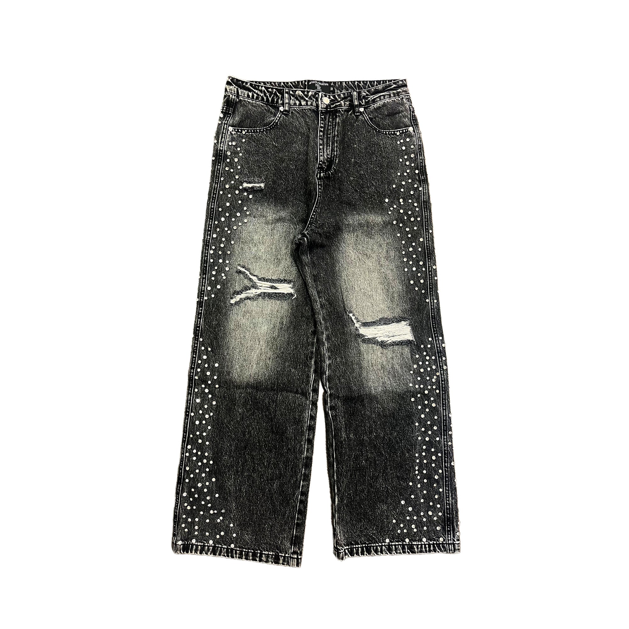 MIXED EMOTION Distressed Rhinestone Wide‑Leg Jeans